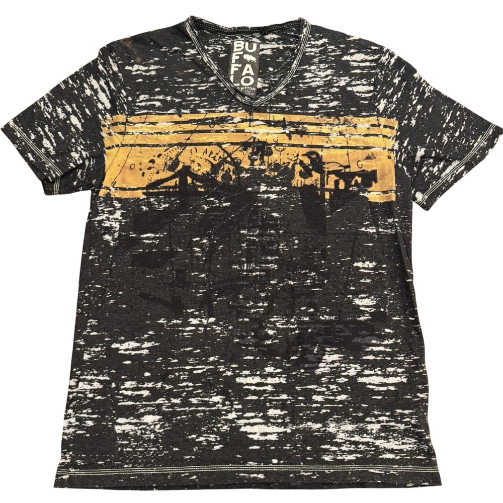 Buffalo David Bitton Mens XL V-Neck Graphic Tee Black White Yellow Burnout Shirt